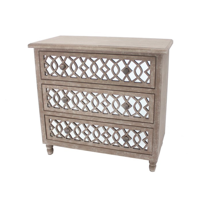 Cottage Style Cabinet with 3 Drawers and Lattice Pattern, Brown and Silver