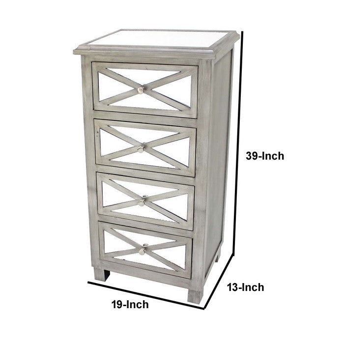 Transitional 4 Storage Drawers Cabinet with Mirrored Top and Front, Gray