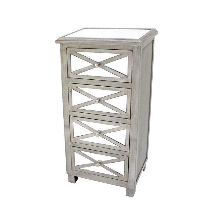 Transitional 4 Storage Drawers Cabinet with Mirrored Top and Front, Gray