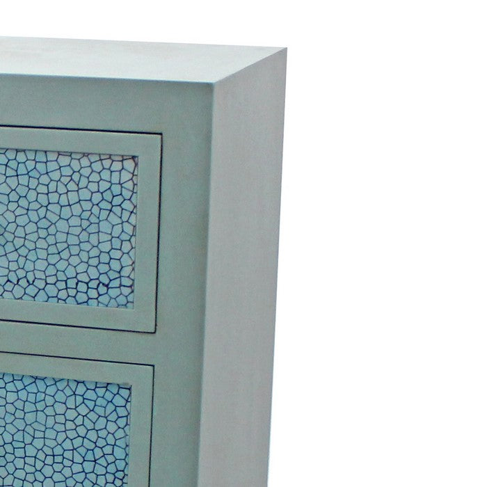 3 Drawer Wooden Cabinet with Textured Front and Curved Apron, Blue and Gray