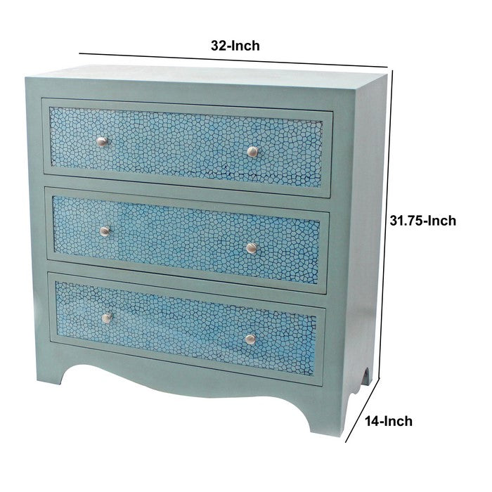 3 Drawer Wooden Cabinet with Textured Front and Curved Apron, Blue and Gray