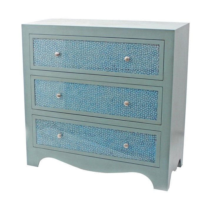 3 Drawer Wooden Cabinet with Textured Front and Curved Apron, Blue and Gray