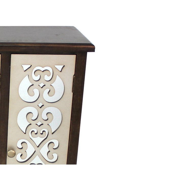 Wooden 4 Door Storage Cabinet with Floral Pattern Surface, Brown and Silver