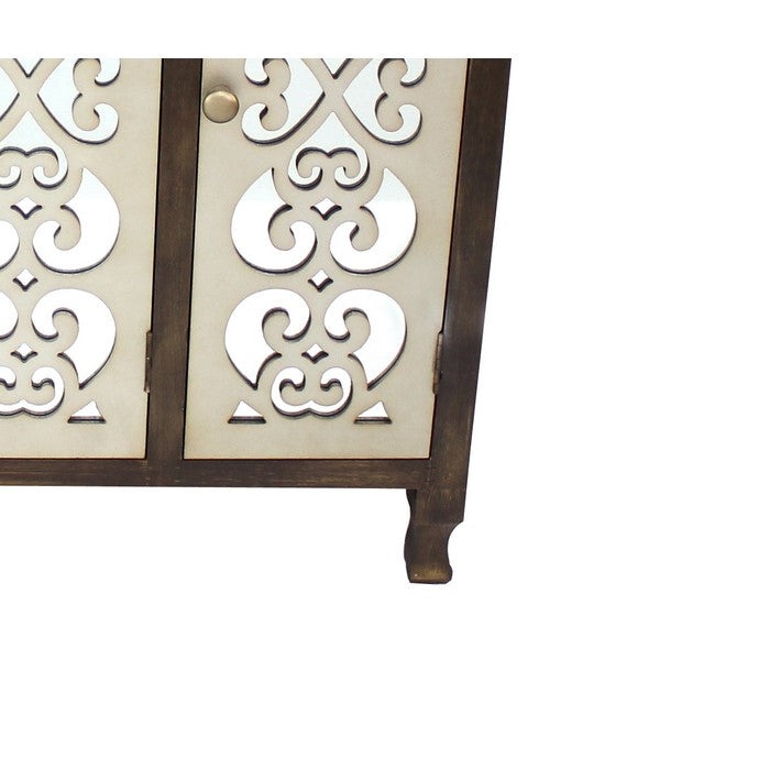 Wooden 4 Door Storage Cabinet with Floral Pattern Surface, Brown and Silver