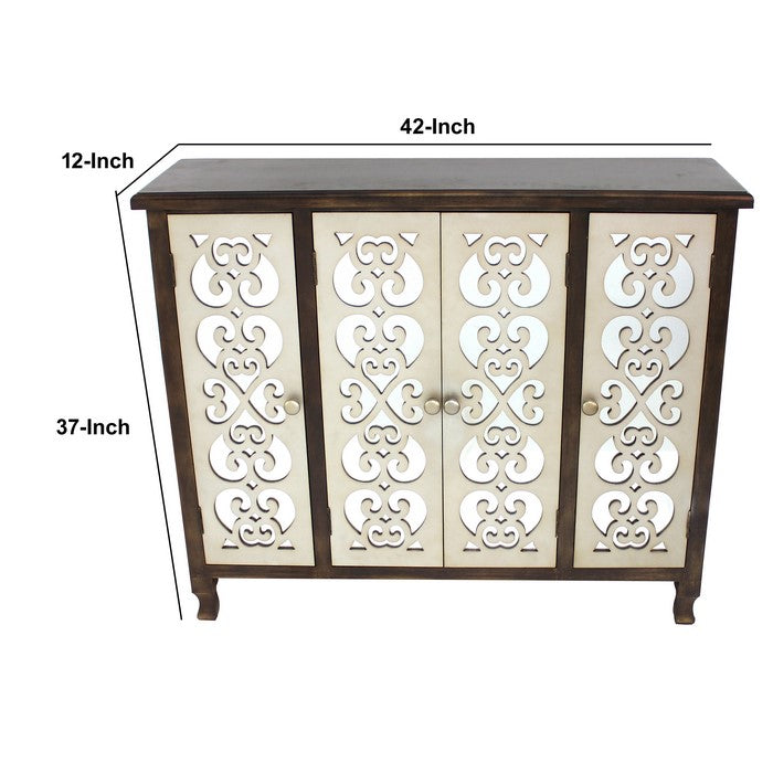 Wooden 4 Door Storage Cabinet with Floral Pattern Surface, Brown and Silver