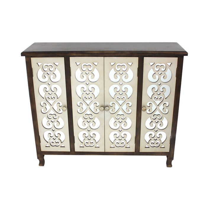 Wooden 4 Door Storage Cabinet with Floral Pattern Surface, Brown and Silver