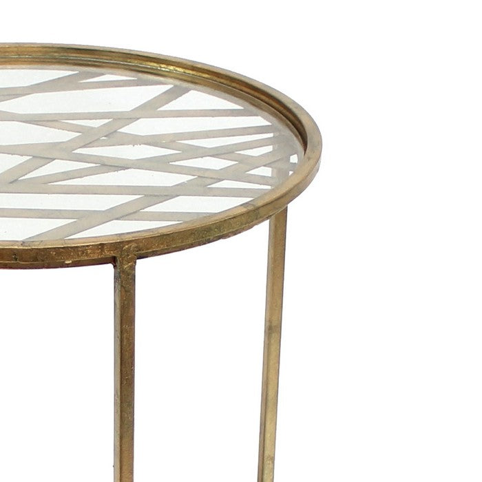 Industrial Style End Table with Glass Top and Criss Cross Pattern, Gold