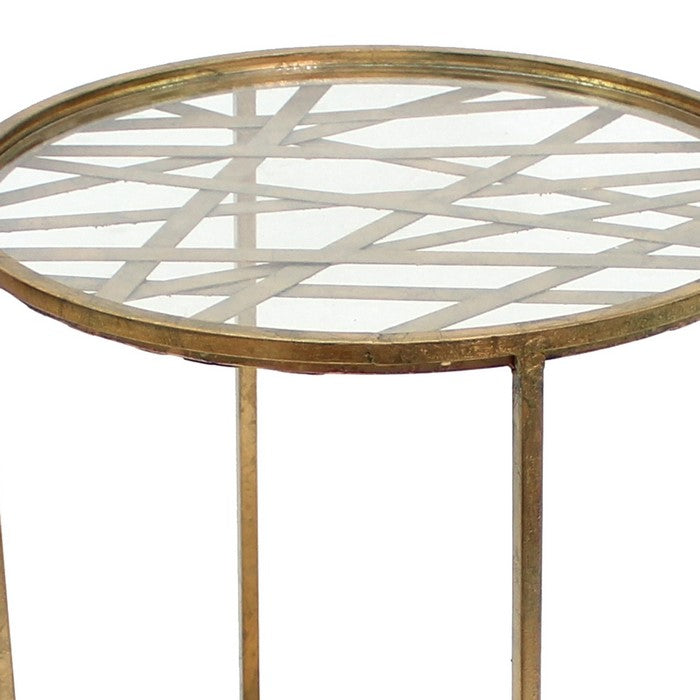 Industrial Style End Table with Glass Top and Criss Cross Pattern, Gold
