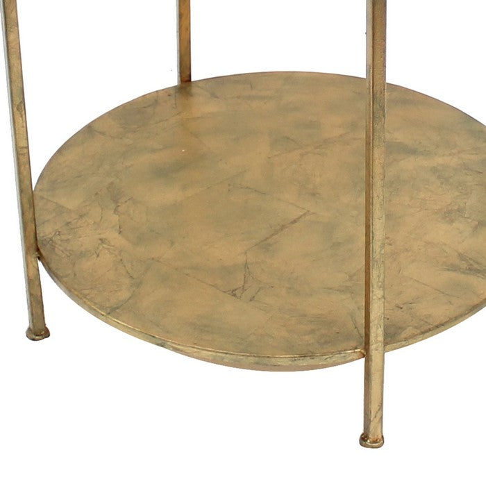Industrial Style End Table with Glass Top and Criss Cross Pattern, Gold