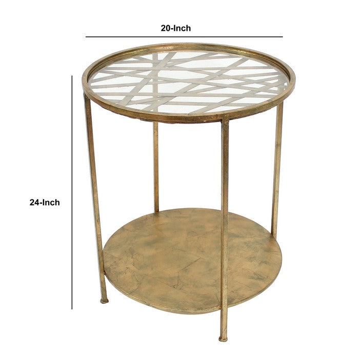 Industrial Style End Table with Glass Top and Criss Cross Pattern, Gold