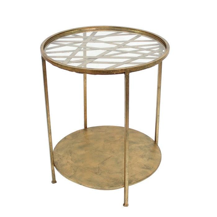 Industrial Style End Table with Glass Top and Criss Cross Pattern, Gold