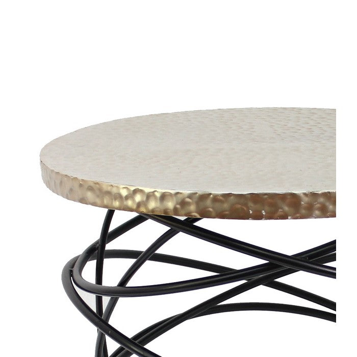Industrial End Table with Cable Design Base and Round Top, Gold and Black