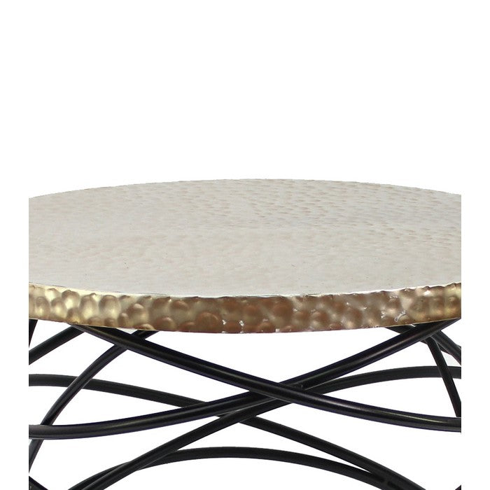 Industrial End Table with Cable Design Base and Round Top, Gold and Black