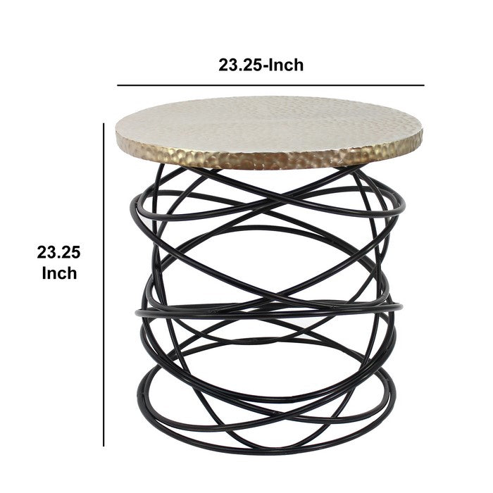 Industrial End Table with Cable Design Base and Round Top, Gold and Black