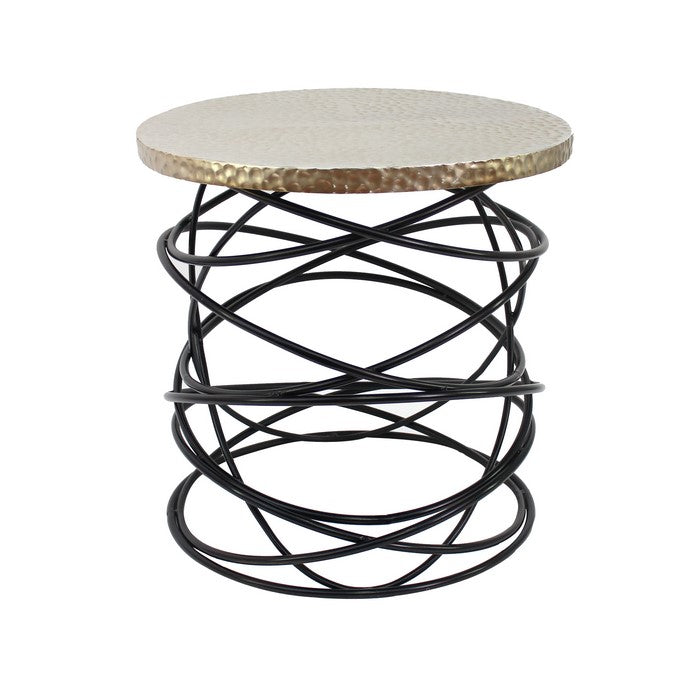 Industrial End Table with Cable Design Base and Round Top, Gold and Black