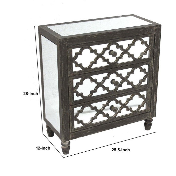 Wooden Cabinet with 3 Storage Drawers and Turned Legs, Brown and Silver