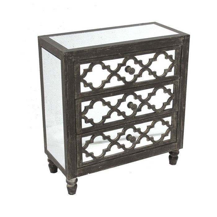 Wooden Cabinet with 3 Storage Drawers and Turned Legs, Brown and Silver