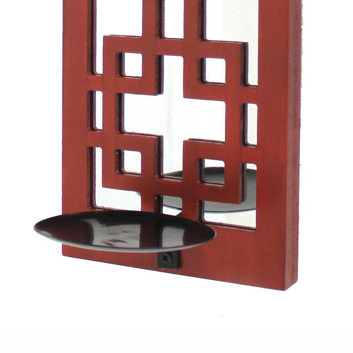 Lattice Design Wooden Frame Candle Holder with Mirror Insert, Red