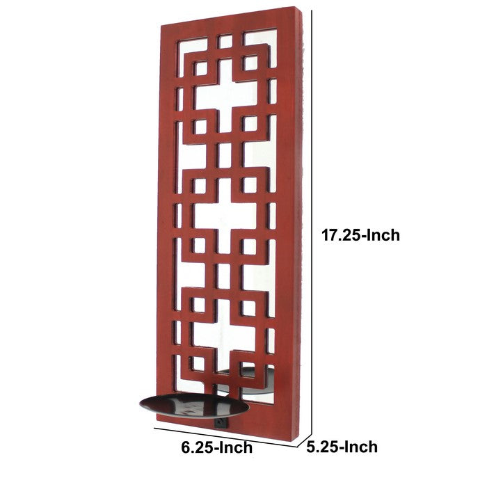 Lattice Design Wooden Frame Candle Holder with Mirror Insert, Red