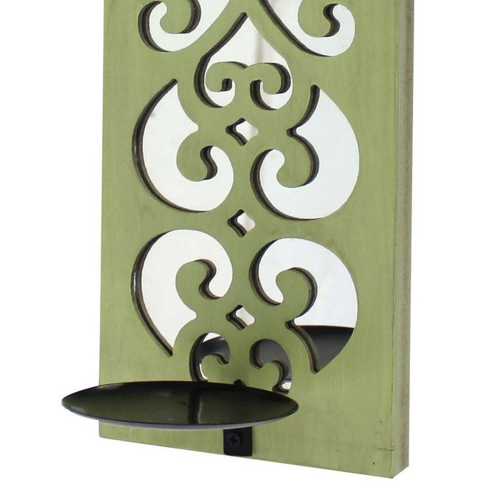 Quatrefoil Pattern Wooden Candle holder with Mirror Insert, Green