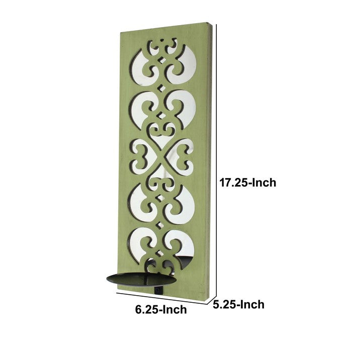 Quatrefoil Pattern Wooden Candle holder with Mirror Insert, Green