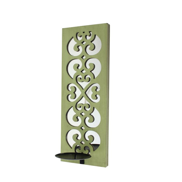 Quatrefoil Pattern Wooden Candle holder with Mirror Insert, Green