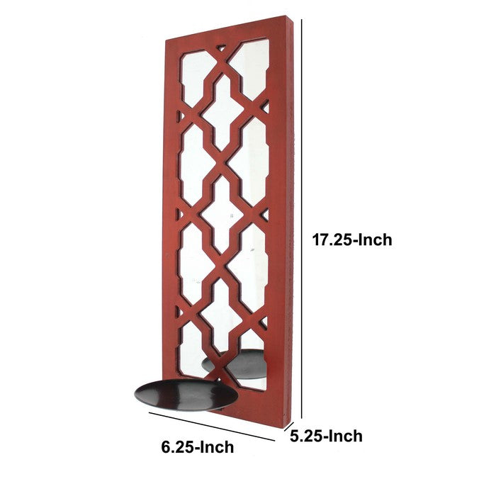 Quatrefoil Pattern Wooden Candle holder with Mirror Insert, Red