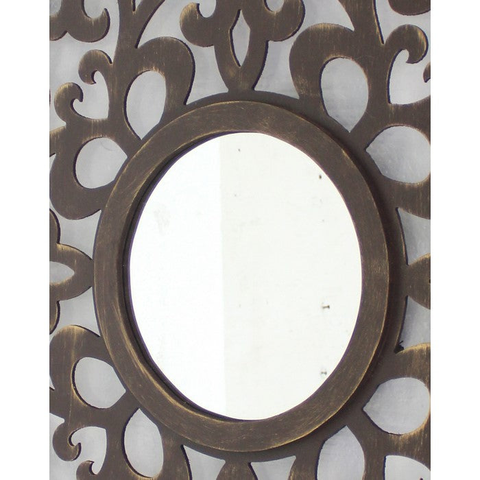 Wooden Frame Square Wall Mirror with Floral cut Out Design, Espresso