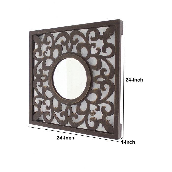 Wooden Frame Square Wall Mirror with Floral cut Out Design, Espresso