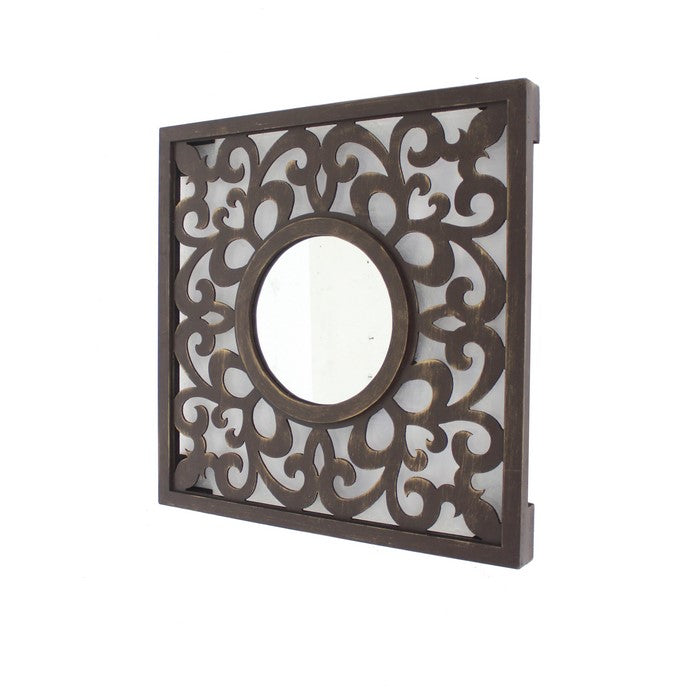Wooden Frame Square Wall Mirror with Floral cut Out Design, Espresso
