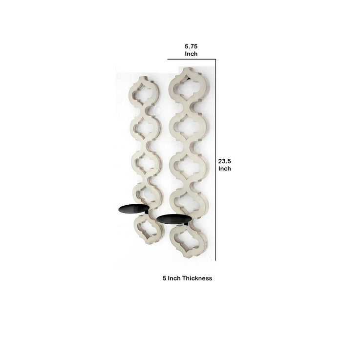 Geometric Lattice Wooden Frame Metal Candle Holder, Set of 2, White
