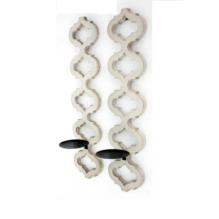 Geometric Lattice Wooden Frame Metal Candle Holder, Set of 2, White