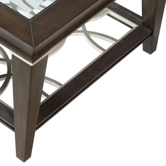 Wooden Sofa Table with Beveled Glass Top and Tapered Legs, Brown