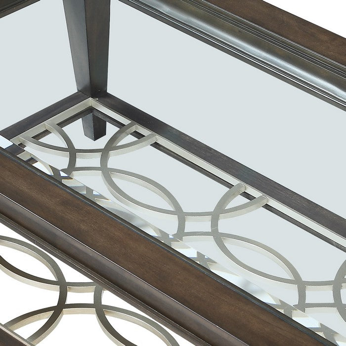 Wooden Sofa Table with Beveled Glass Top and Tapered Legs, Brown