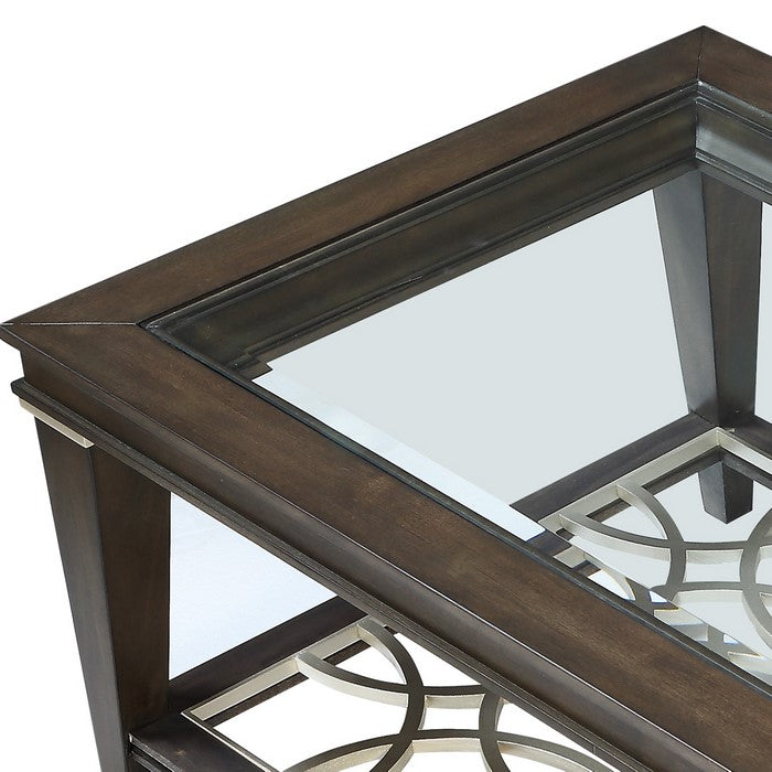 Wooden Sofa Table with Beveled Glass Top and Tapered Legs, Brown