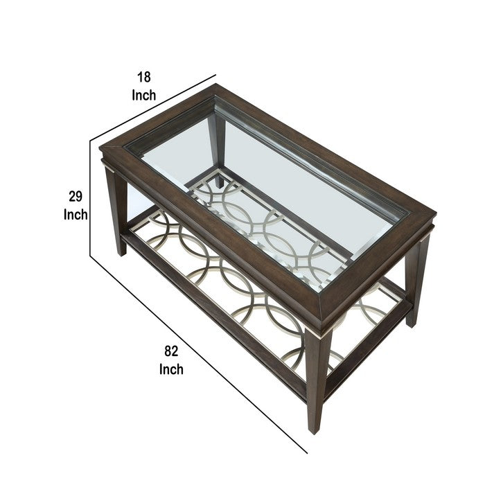 Wooden Sofa Table with Beveled Glass Top and Tapered Legs, Brown