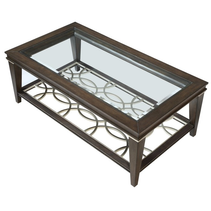Wooden Sofa Table with Beveled Glass Top and Tapered Legs, Brown