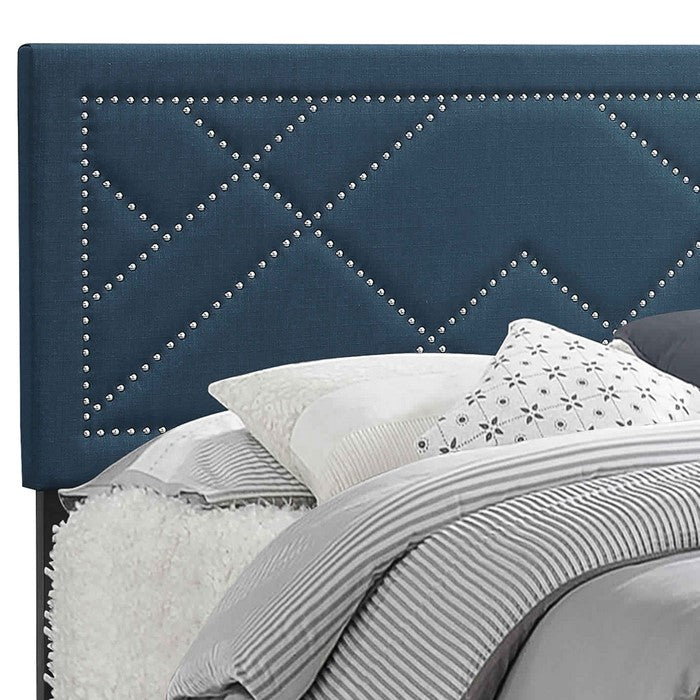 Fabric Eastern King Bed with Geometric Pattern Nailhead Trims, Teal Blue