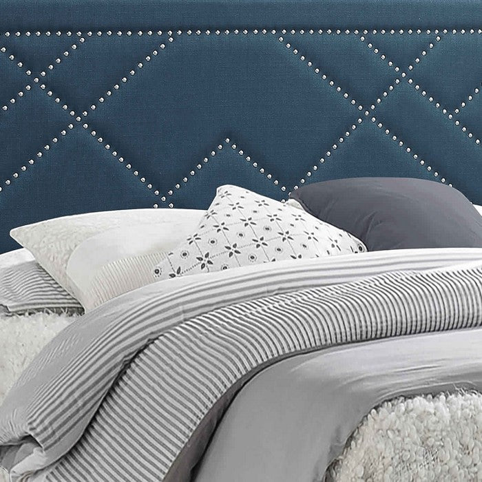 Fabric Eastern King Bed with Geometric Pattern Nailhead Trims, Teal Blue