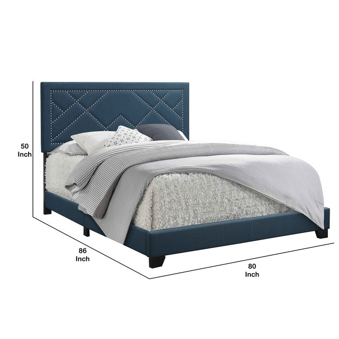 Fabric Eastern King Bed with Geometric Pattern Nailhead Trims, Teal Blue