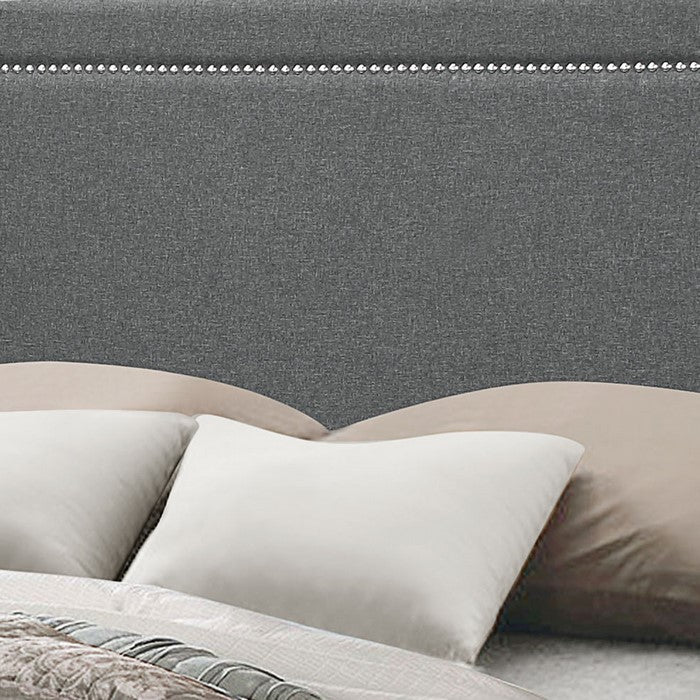 Fabric Eastern King Bed with Geometric Pattern Nailhead Trims, Gray