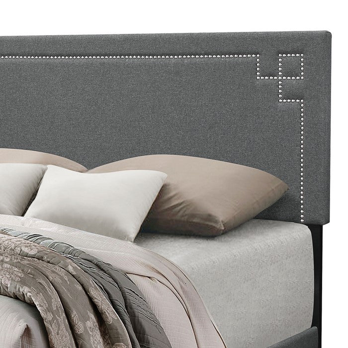 Fabric Eastern King Bed with Geometric Pattern Nailhead Trims, Gray