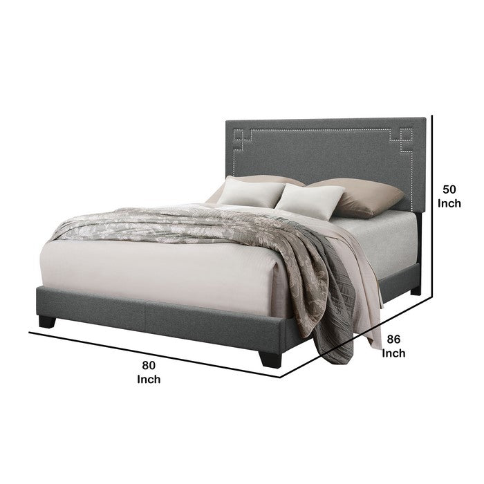 Fabric Eastern King Bed with Geometric Pattern Nailhead Trims, Gray