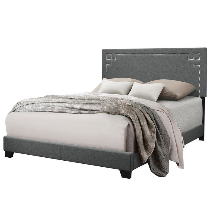 Fabric Eastern King Bed with Geometric Pattern Nailhead Trims, Gray