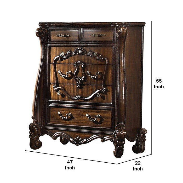 Traditional Wooden Chest with 5 Drawers and Scrolled legs, Brown