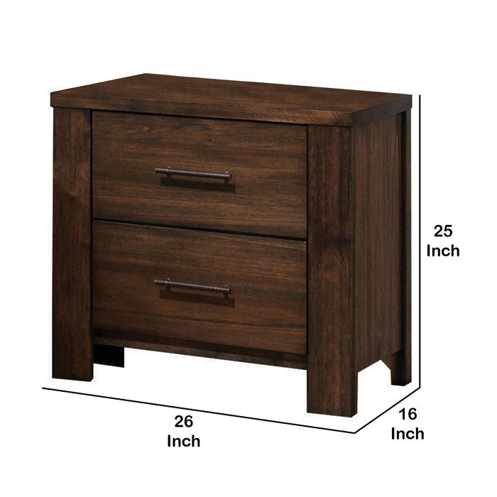 2 Drawer Wooden Nightstand with Metal Bar Handles and Block Legs, Brown
