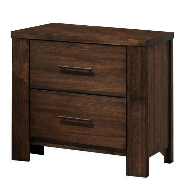 2 Drawer Wooden Nightstand with Metal Bar Handles and Block Legs, Brown