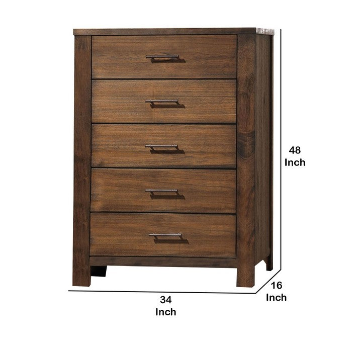 5 Drawer Wooden Chest with Metal Bar Handles and Block Legs, Brown