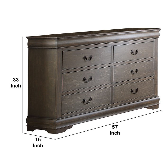 6 Drawer Dresser with Metal Drop Handle and Bracket Feet, Antique Gray