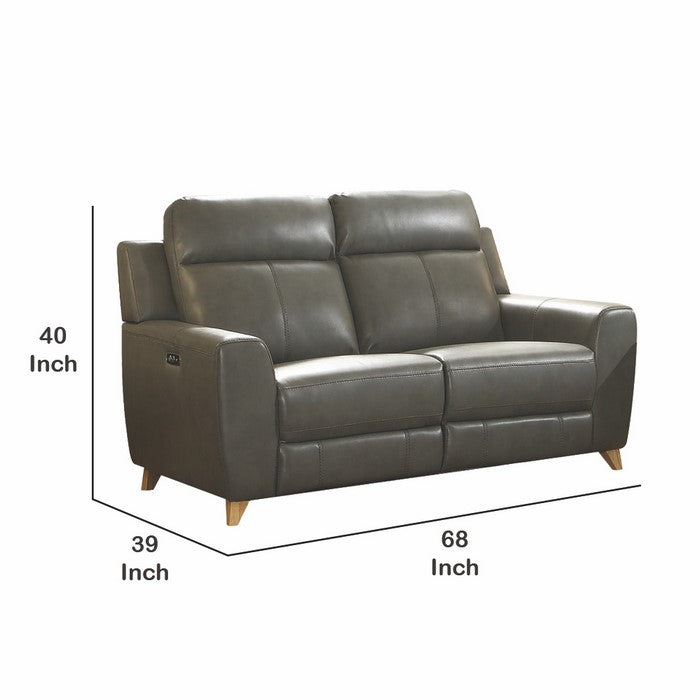 Power Reclining Leatherette Loveseat with Angled Tapered Legs, Gray